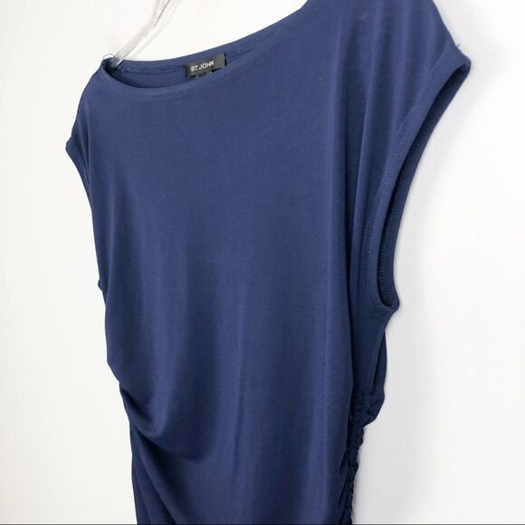 ST. JOHN | Navy Blue Gathered Drawstring Side Top Blouse Women’s Size Small - Picture 2 of 10